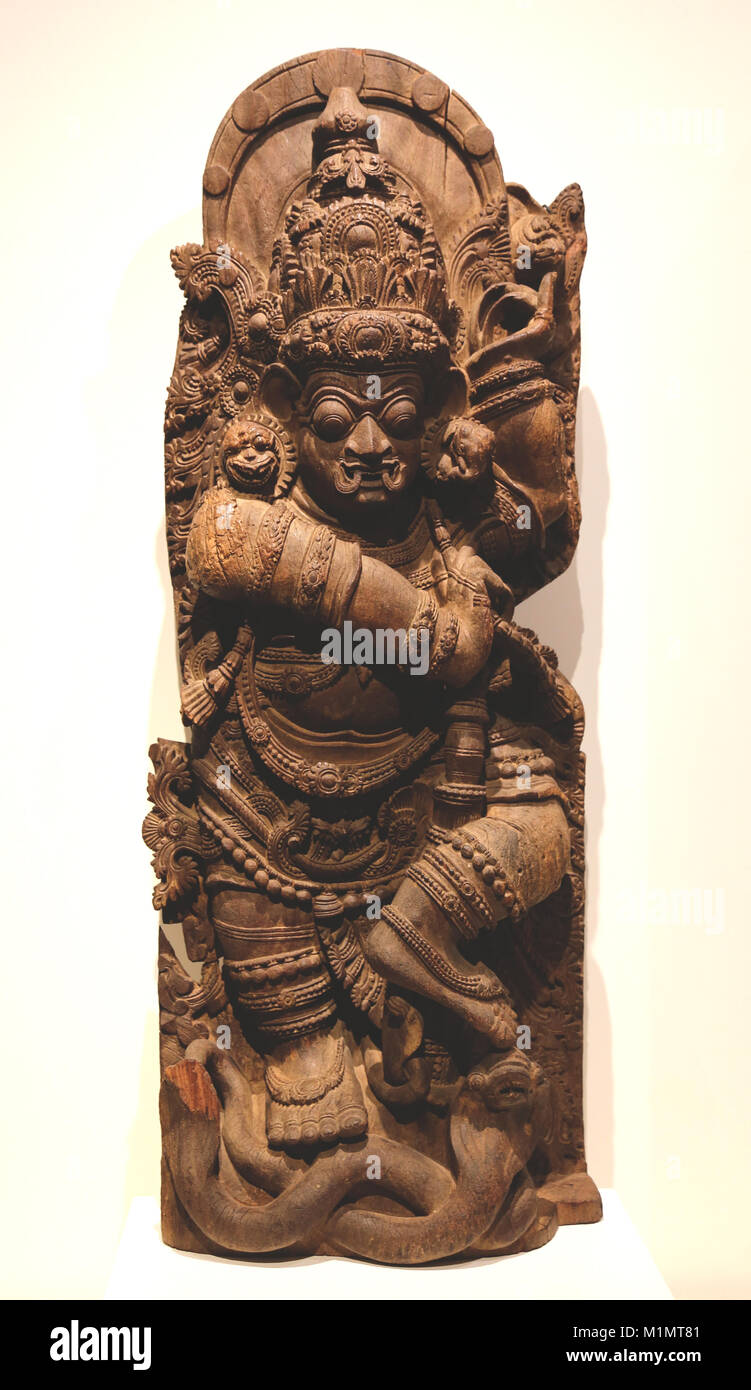 Dvarapala, gardien d'un Temple. Sculpture en bois sculpté, 16ème-17ème siècles. Le Kerala, au sud de l'Inde. Artiste inconnu. Banque D'Images