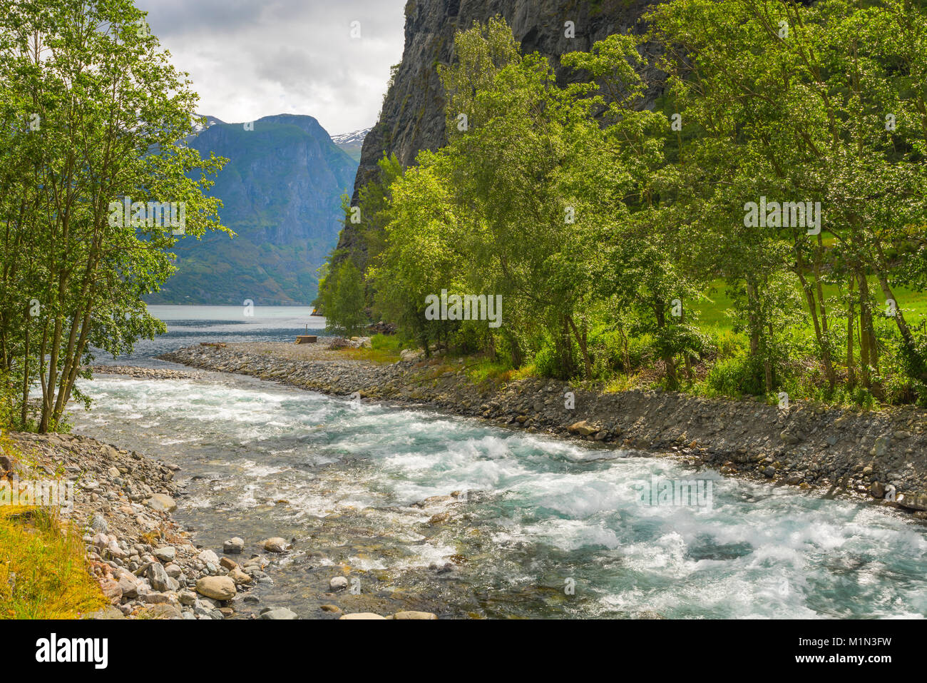 Rivière de montagne se termine dans le fjord, Undredal, Aurlandsfjorden, Norvège, Scandinavie, Sognefjord, municipalité d'Aurland Banque D'Images