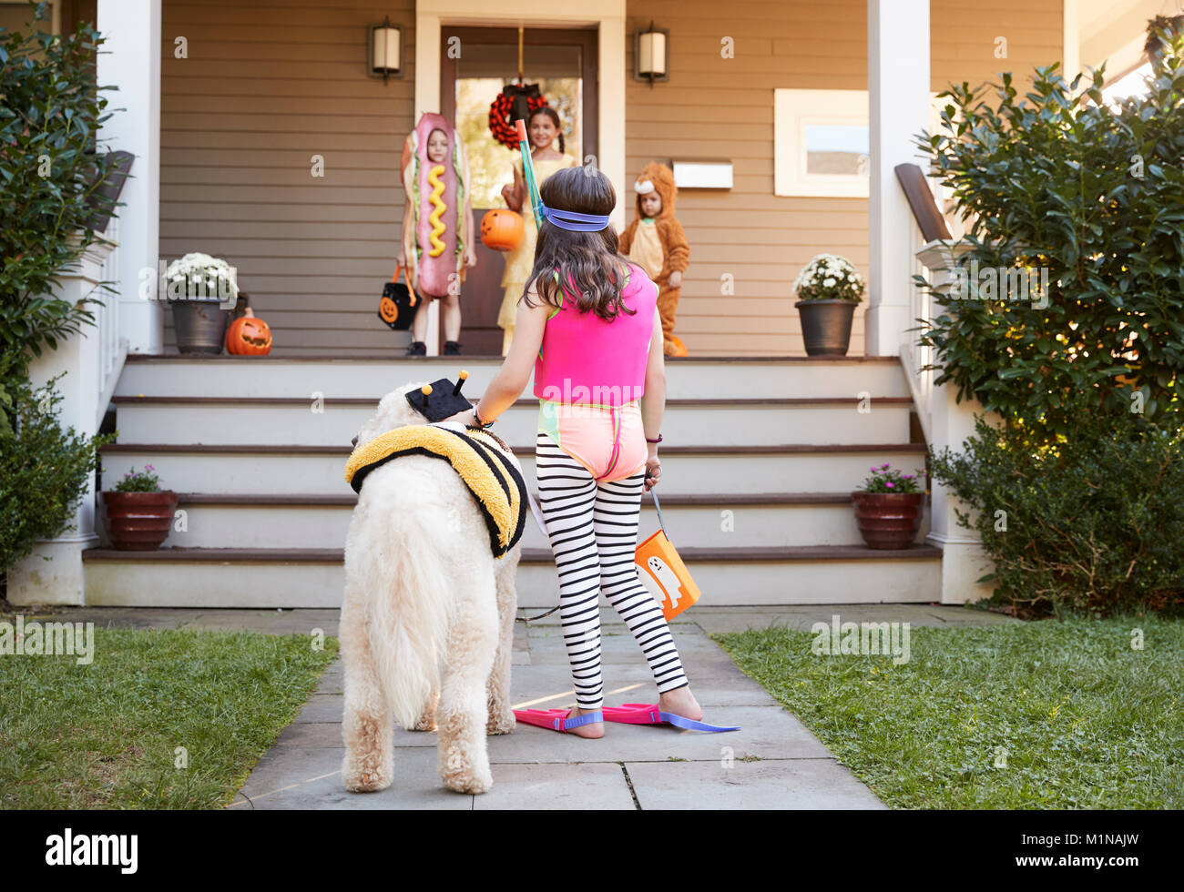 Les enfants et le chien dans des costumes pour Halloween Trick ou traiter Banque D'Images