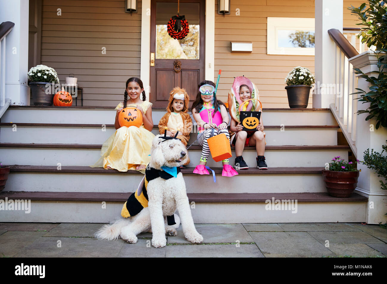 Les enfants et le chien dans des costumes pour Halloween Trick ou traiter Banque D'Images