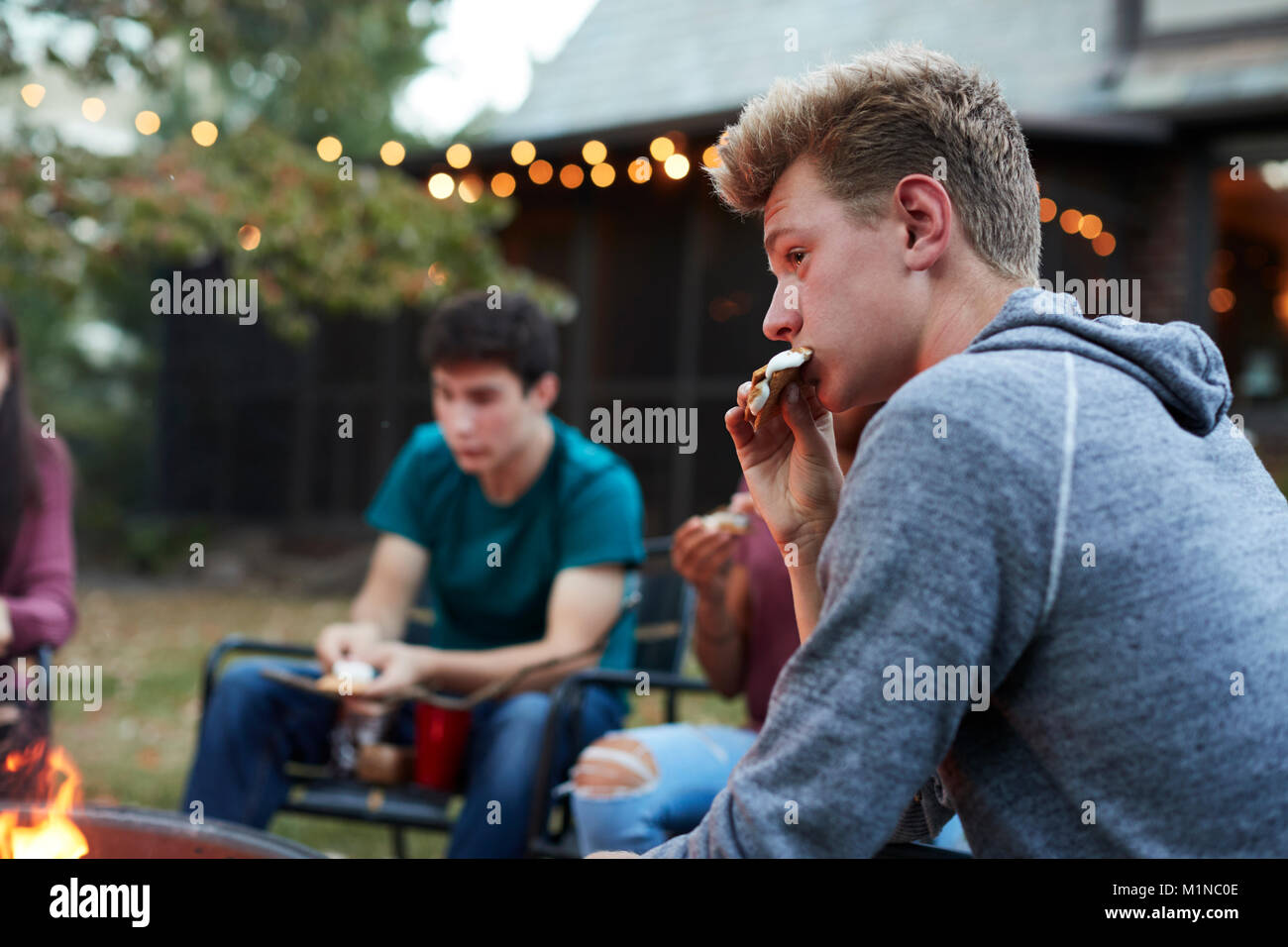 Teenage boy eating s'more avec des amis à un foyer Banque D'Images