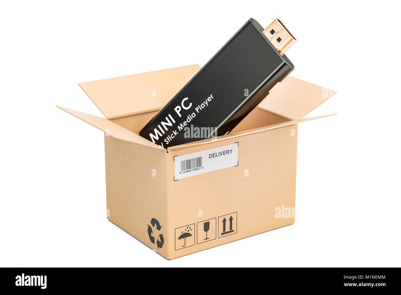 Mini Dongle PC TV Stick à l'intérieur de colis, concept de la prestation. Le rendu 3D Banque D'Images