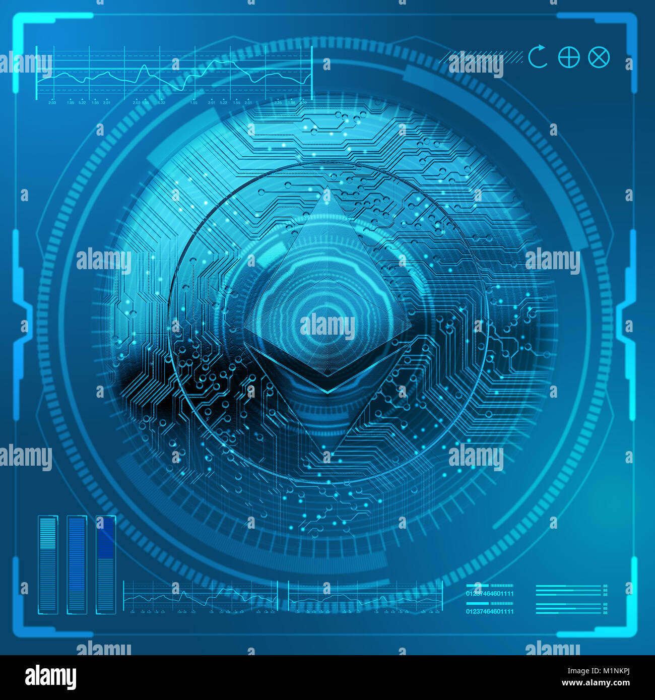 Ethereum cryptocurrency en forme de pièce recouverte d'une interface d'analyse des données scientifiques et techniques dans des tons de bleu futuristc - 3D render Banque D'Images