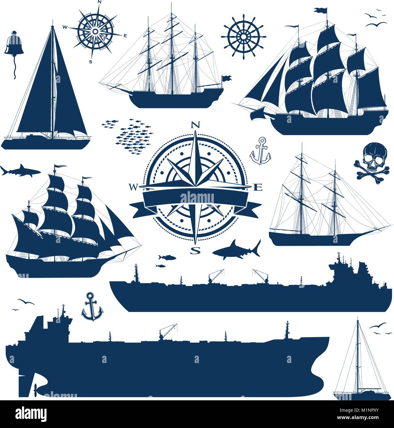 Ensemble de voiliers, yachts et navires-citernes Illustration de Vecteur