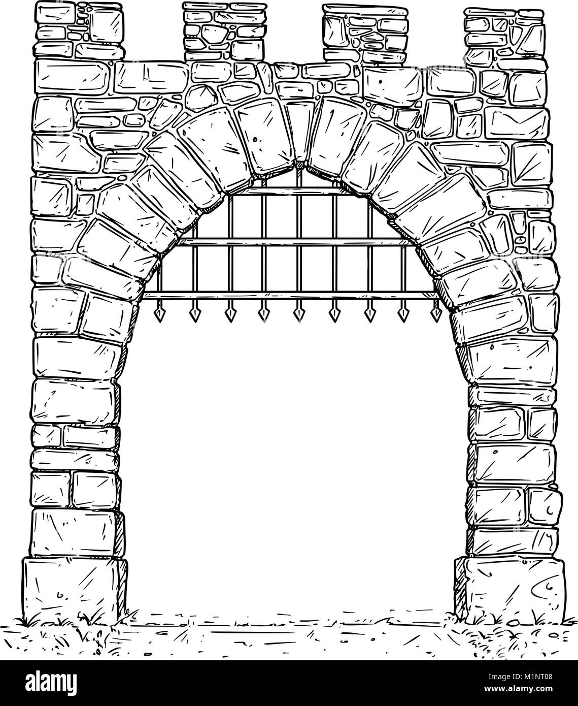 Cartoon Vector d'ouvrir la porte de décision médiévale avec des barres de fer Illustration de Vecteur