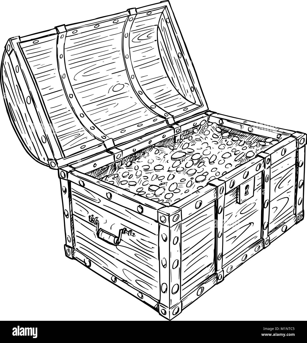 Cartoon Vector Dessin d'un vieux coffre au trésor de pirate avec des pièces d'or à l'intérieur Illustration de Vecteur