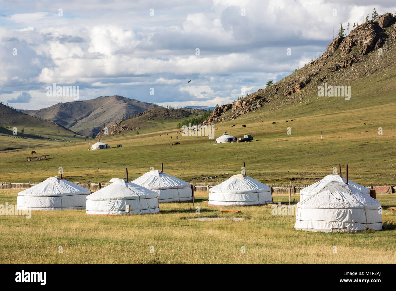 Tourist camp de ger et Khangai montagnes, Burentogtokh China, district, la Mongolie, l'Asie centrale, d'Asie Banque D'Images
