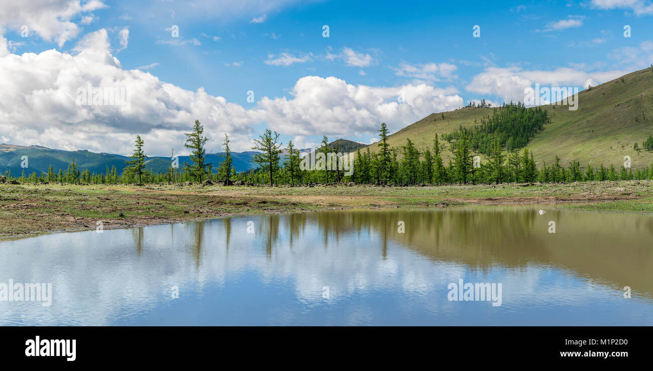 Étang de l'eau et des sapins à White Lake National Park, district de secrétariat, au nord Hangay province, la Mongolie, l'Asie centrale, d'Asie Banque D'Images