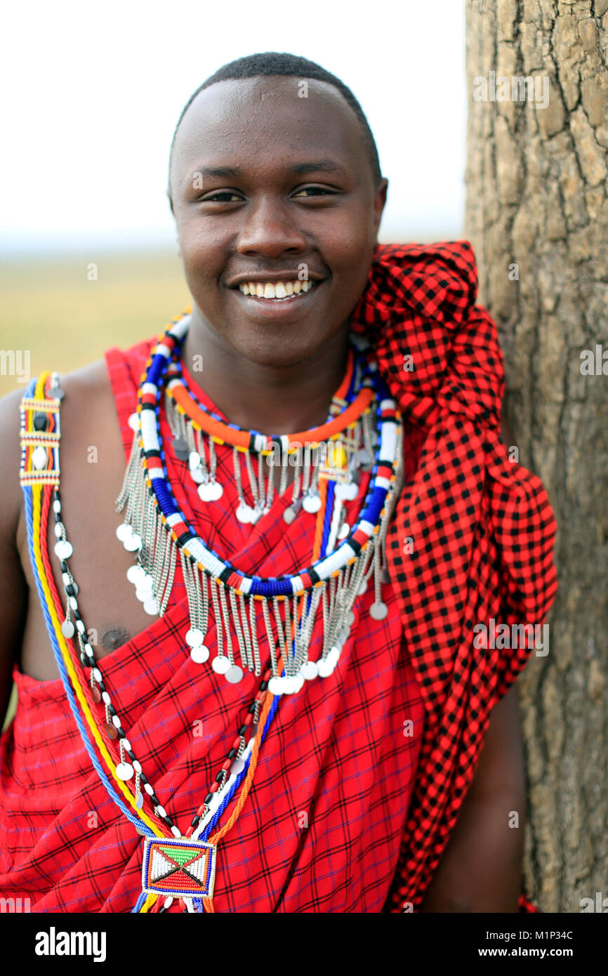 Portrait d'un Masai homme portant des vêtements traditionnels colorés, Masai Mara, Kenya, Afrique de l'Est, l'Afrique Banque D'Images