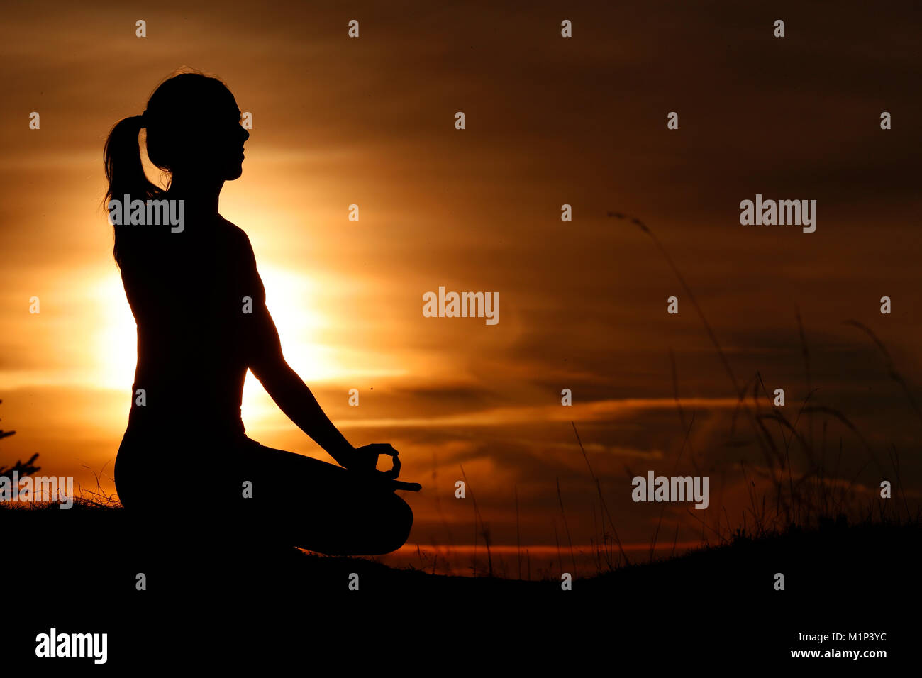 Silhouette d'une femme dans la position du lotus, pratiquant le yoga contre la lumière de la soleil du soir, Alpes, France, Europe Banque D'Images