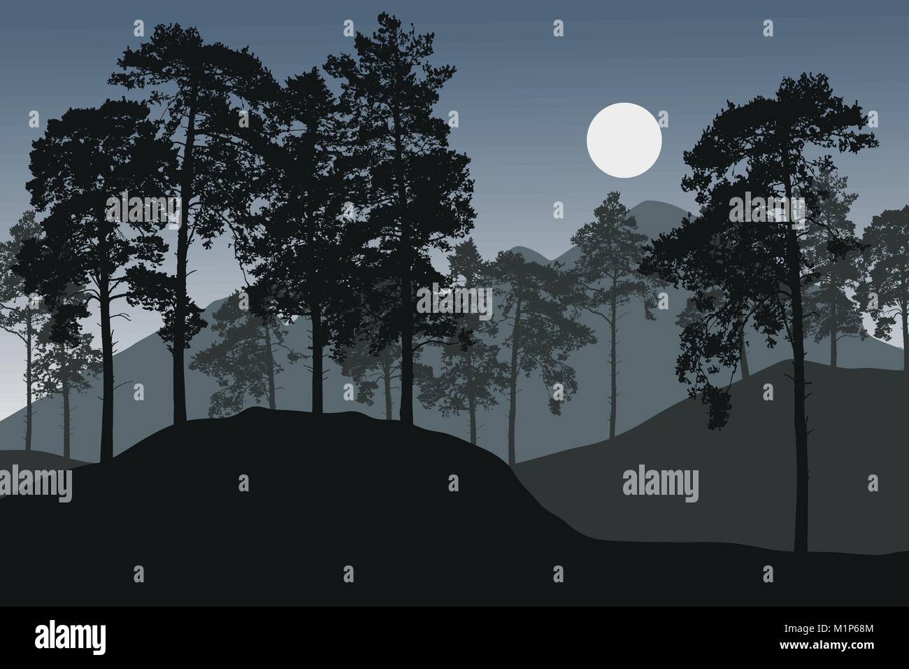 Vector illustration de pinède dans paysage de montagne avec lever du soleil ou de la lune Illustration de Vecteur