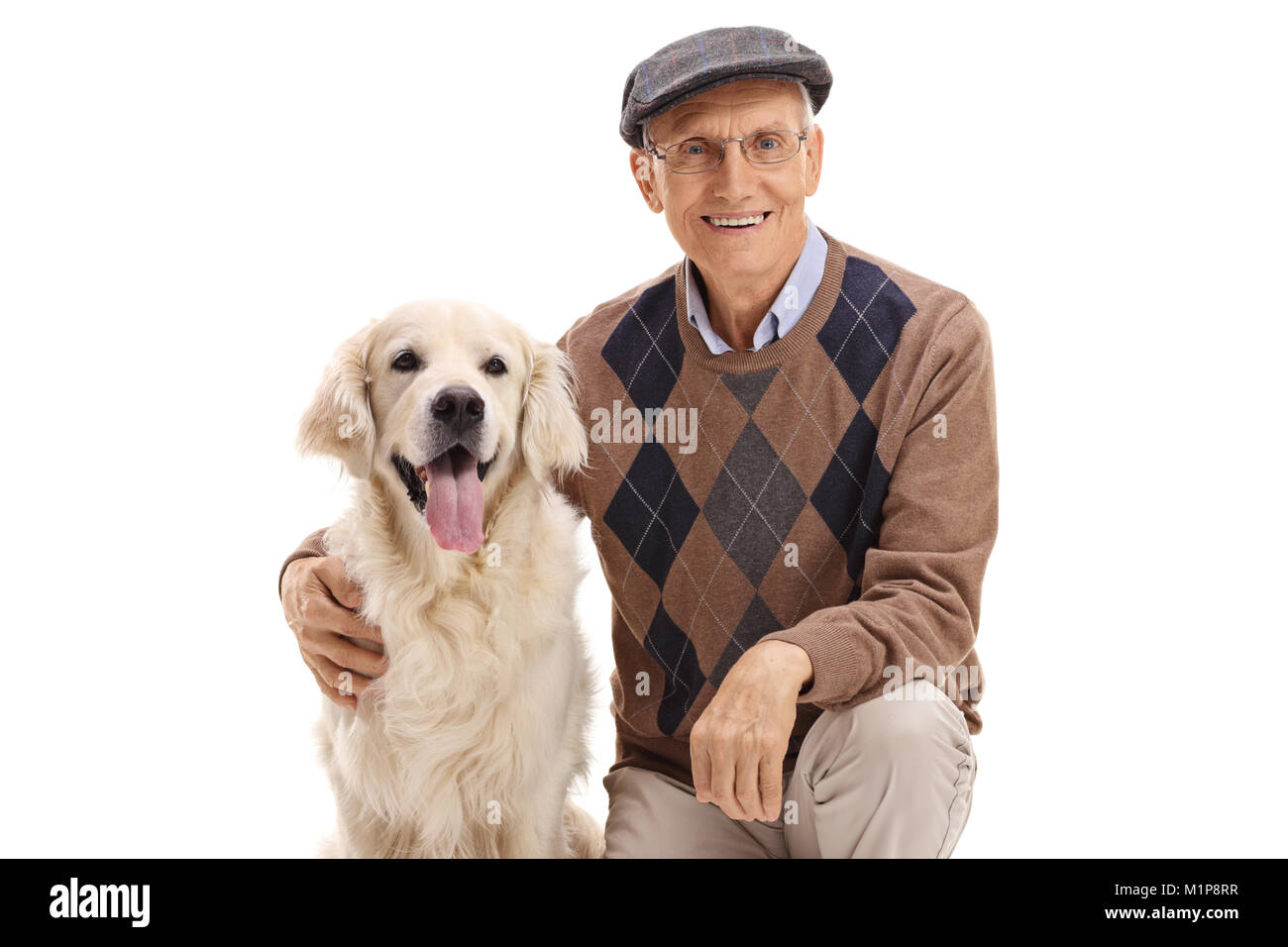 Les cadres supérieurs avec un labrador retriever dog isolé sur fond blanc Banque D'Images