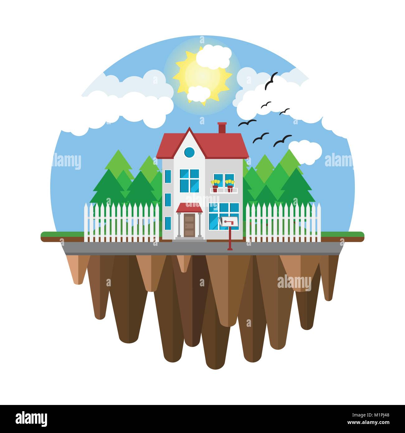 Maison flottante, l'avion du retour. Une partie de l'espace rural et du paysage urbain. Vector illustration dans télévision style. Illustration de Vecteur