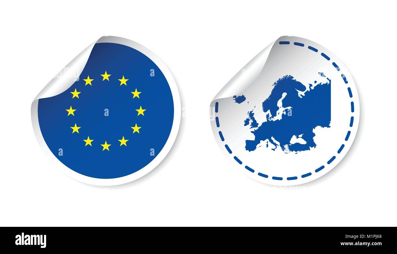 Europe autocollant avec un drapeau et carte. L'Union européenne, de l'étiquette avec étiquette ronde de pays. Vector illustration sur fond blanc. Illustration de Vecteur