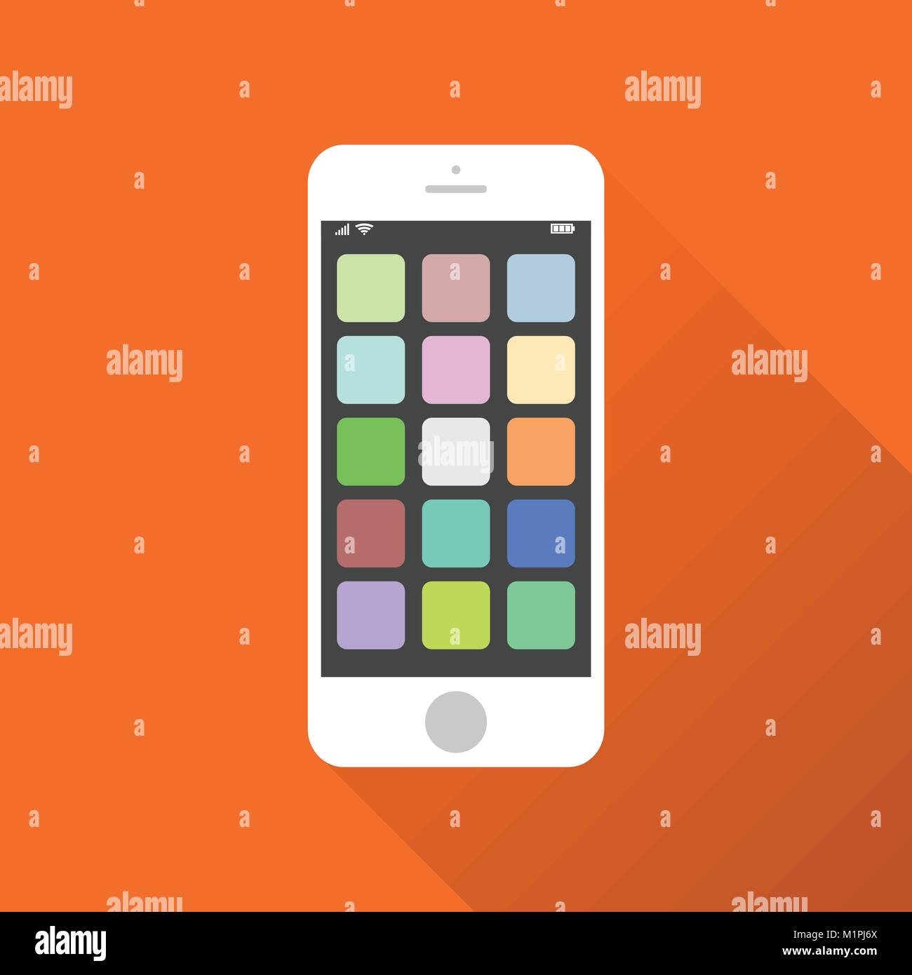 L'icône du smartphone. Vector illustration sur fond orange avec l'ombre. Téléphone de l'iphone avec l'app style des icônes. Illustration de Vecteur