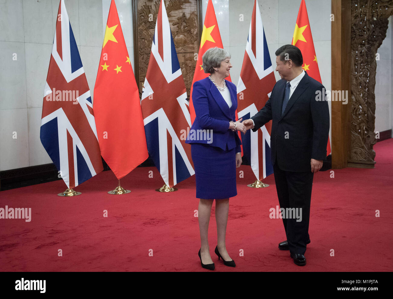 Premier ministre Theresa peut se réunit avec le président chinois Xi Jinping à la Diaoyutai State Guest House aujourd'hui à Beijing lors de sa visite en Chine. Banque D'Images