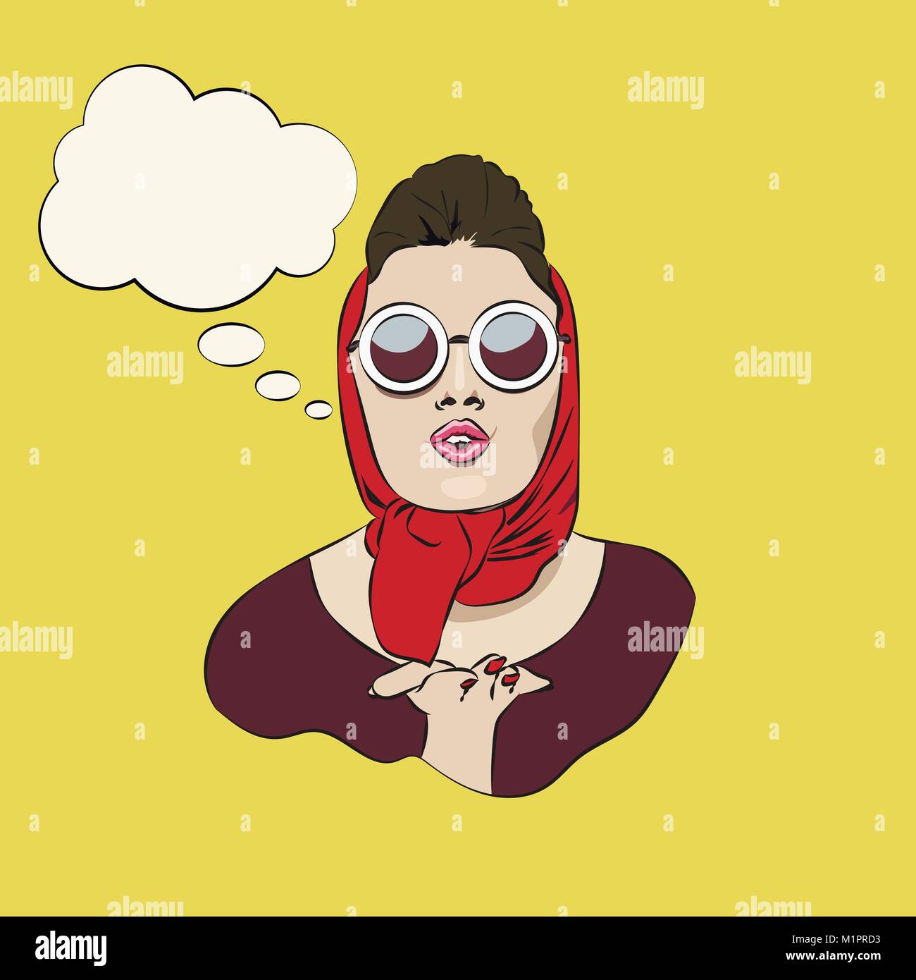 Glamour rétro Sexy girl à lunettes et foulard soufflant un baiser avec speechbubble Illustration de Vecteur