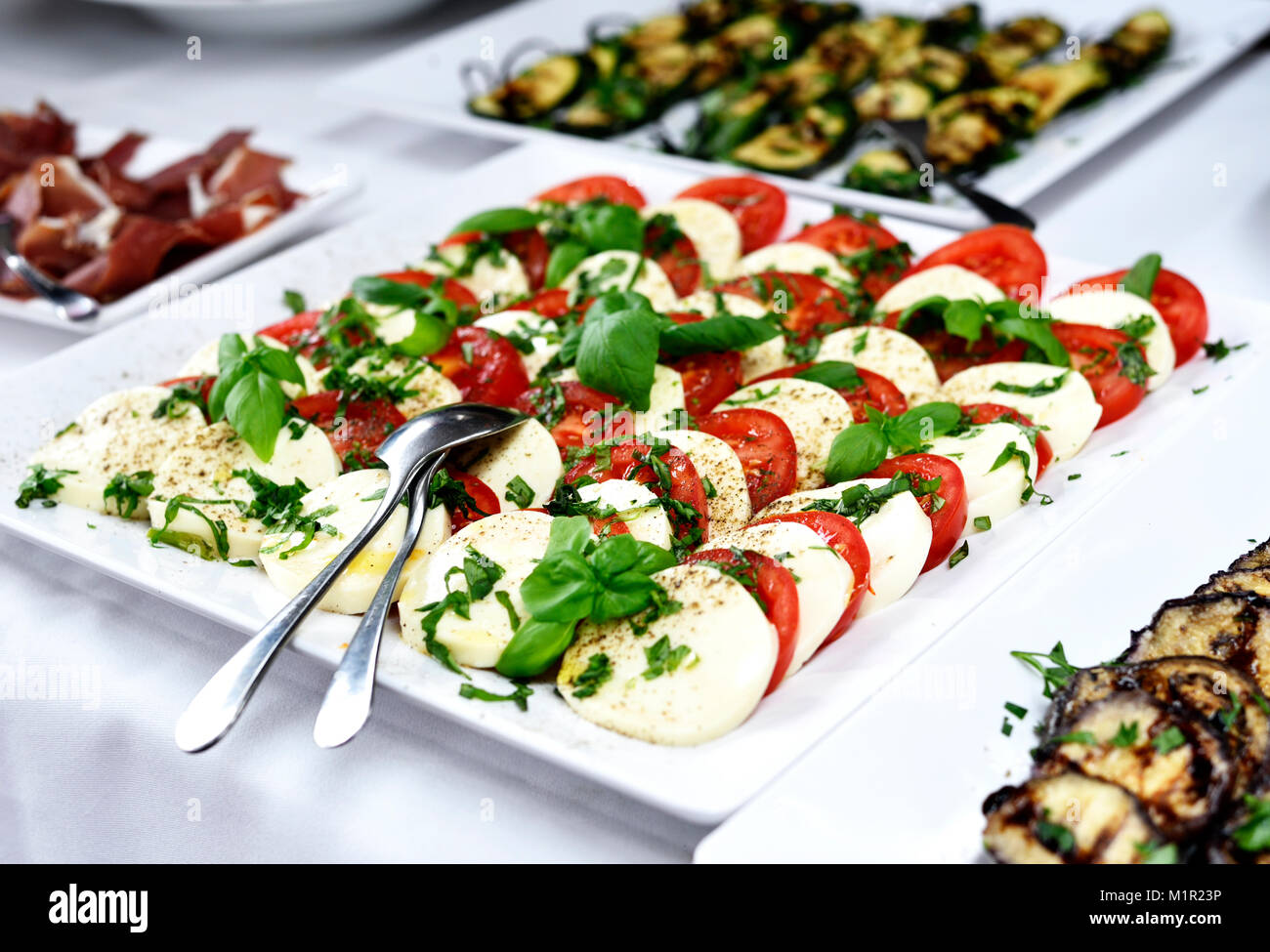 Buffet d'Antipasti ou un banquet avec tomate et mozzarella plaque et feuilles de basilic frais. Le banquet de mariage ou partie buffet. Les plaques blanches et italienne. Banque D'Images