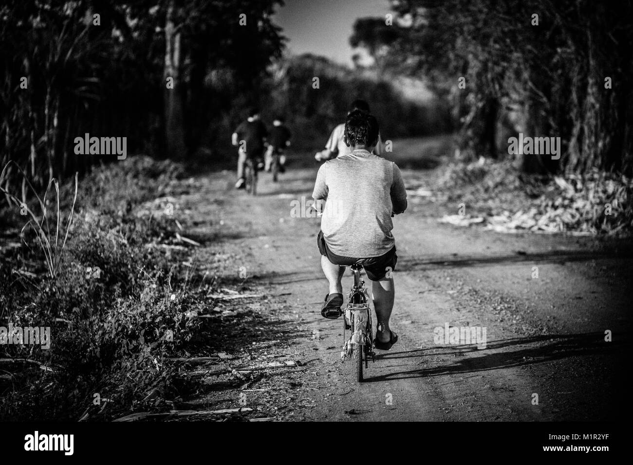 Les enfants faire du vélo dans les zones rurales de la Thaïlande. Banque D'Images