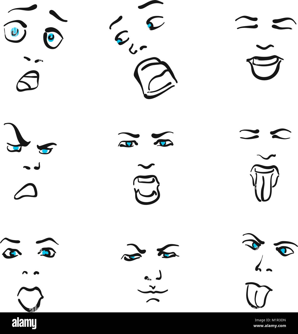Neuf icônes Emoticon impressionnant, les expressions du visage dessiné à la main sur fond blanc. Illustration de l'art vectoriel. Illustration de Vecteur