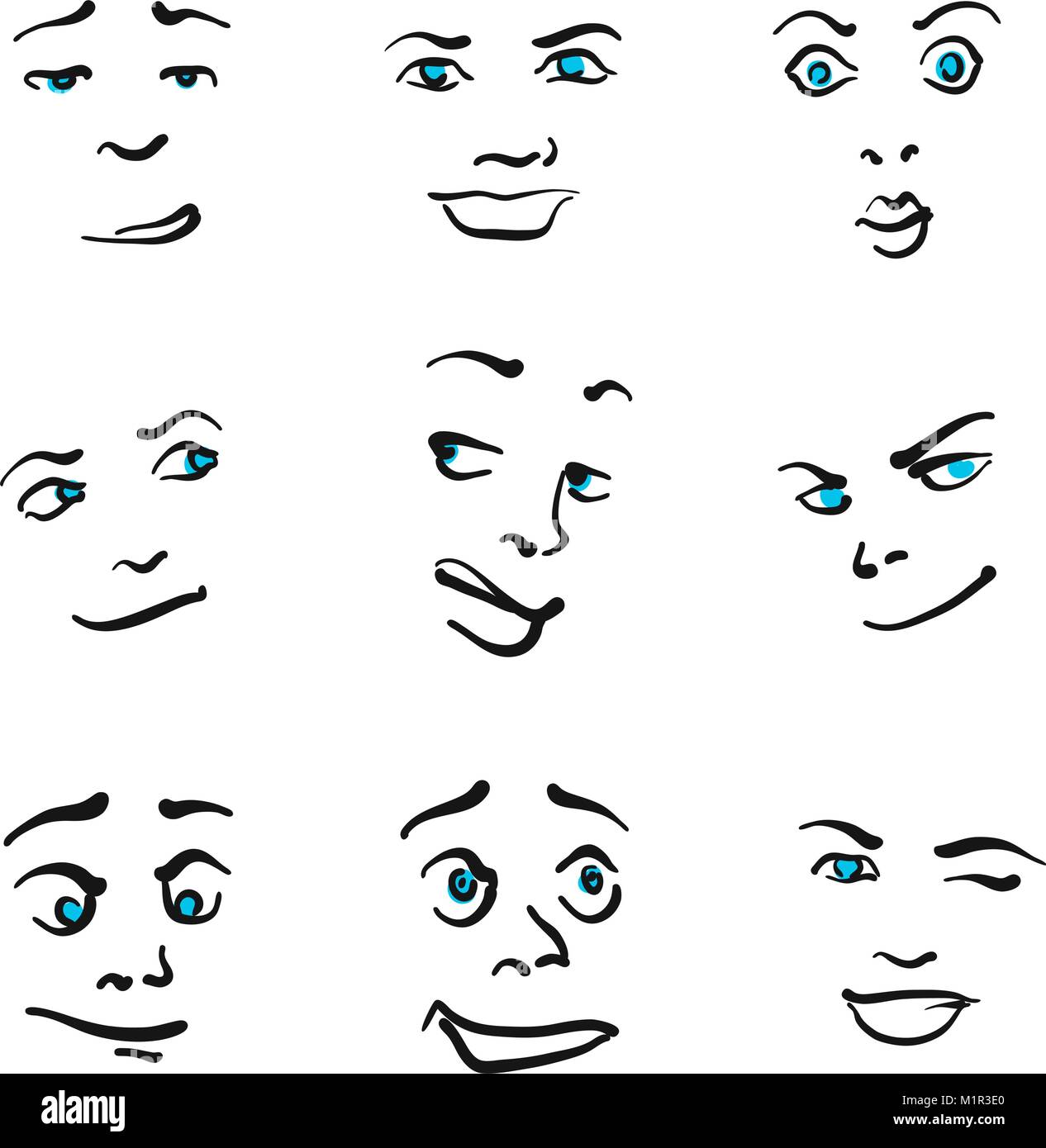 Neuf icônes Emoticon impressionnant, les expressions du visage dessiné à la main sur fond blanc. Illustration de l'art vectoriel. Illustration de Vecteur