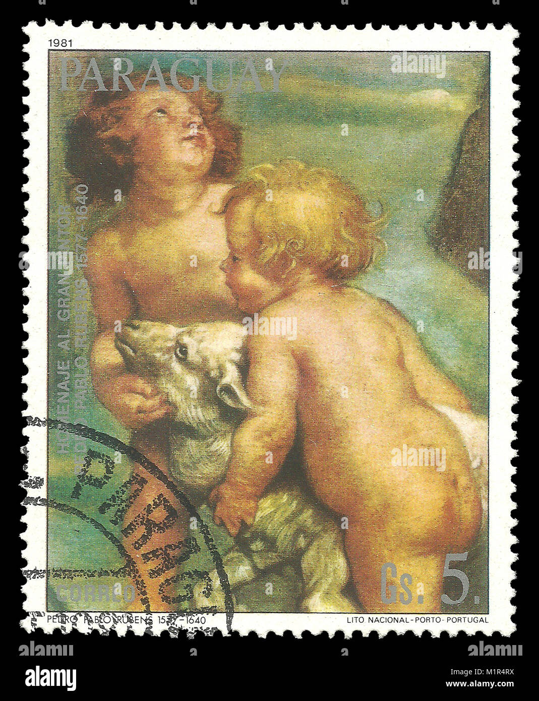 Paraguay - timbres en 1981 : Edition de couleur sur l'art, la peinture montre deux enfants par Rubens Banque D'Images