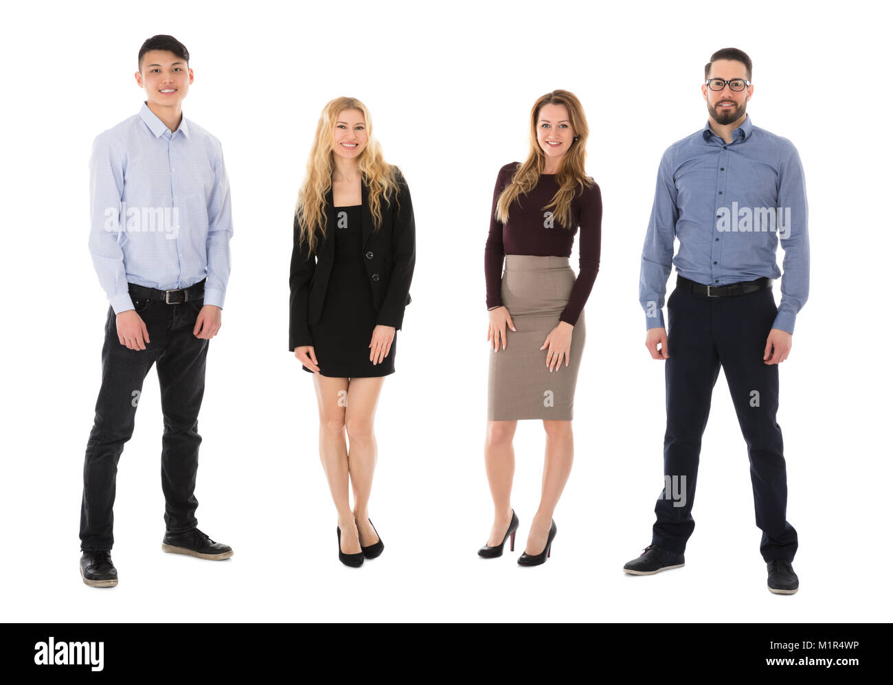 Portrait of male and female college students Standing Over White Background Banque D'Images