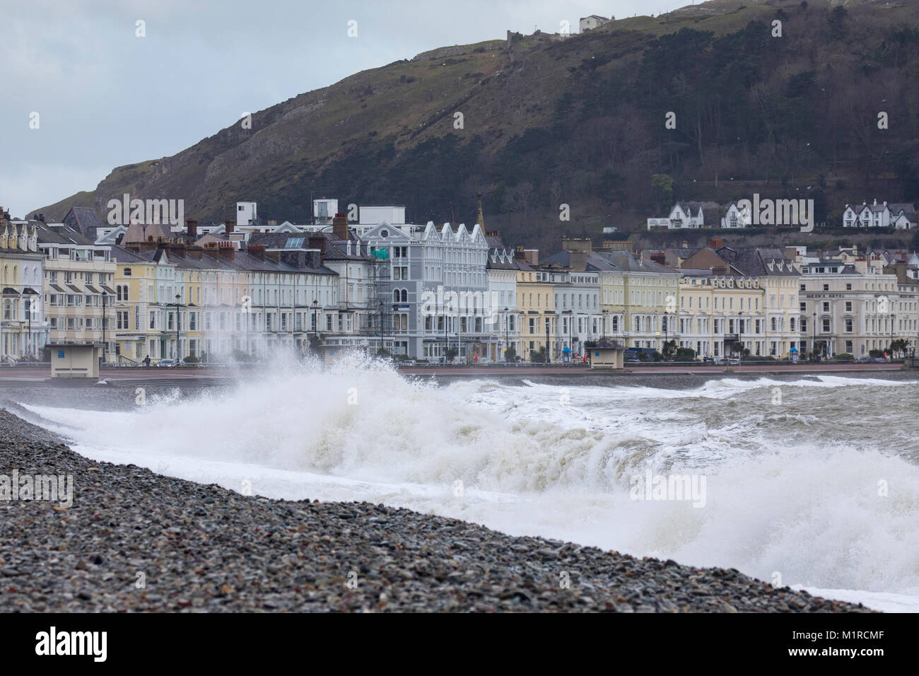 LLandudno, comté de Conwy, Pays de Galles, UK UK Weather : avec la marée haute par temps froid et venteux ont fourni des conditions idéales pour les ressources naturelles du pays de Galles à fournir des avertissements d'inondations pour la Côte Nord du Pays de Galles dont Galles Banque D'Images