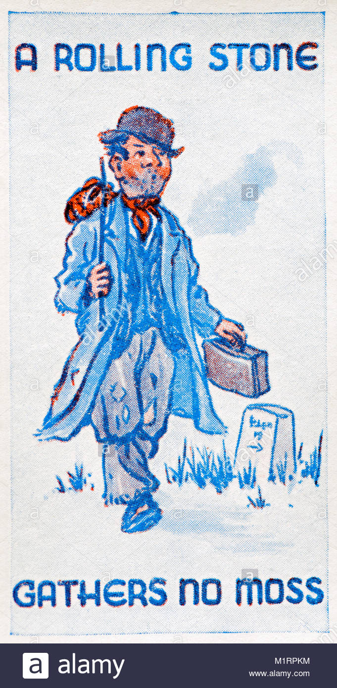 Une pierre qui roule n'amasse pas mousse illustration 1938 proverbe Banque D'Images