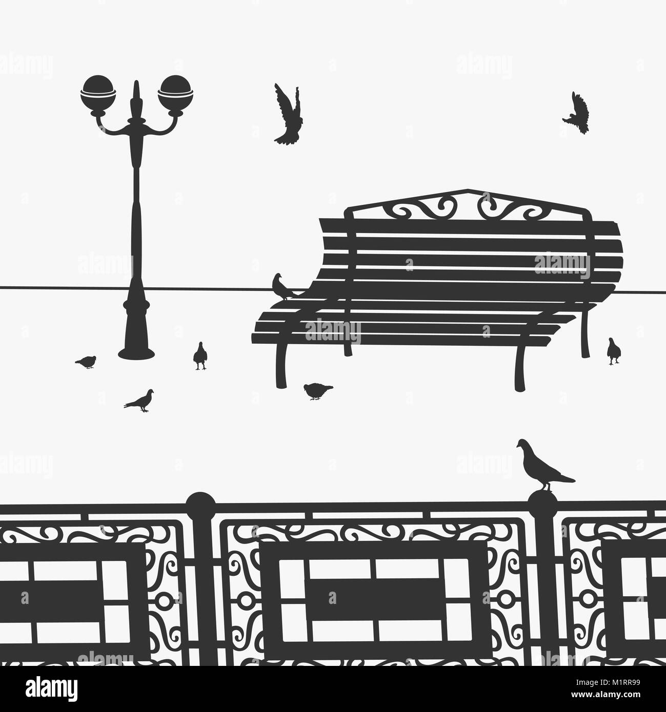 Banc de parc et les pigeons Illustration de Vecteur