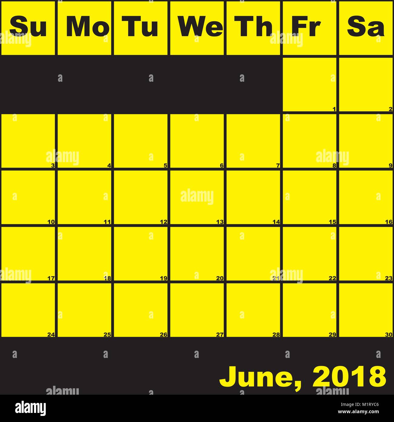 Juin 2018 noir sur jaune planner calendrier avec vaste espace pour les notes Illustration de Vecteur