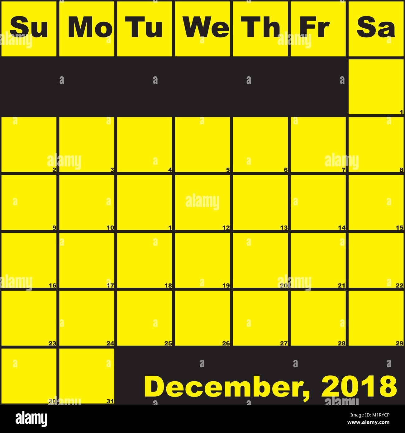 Décembre 2018 noir sur jaune planner calendrier avec vaste espace pour les notes Illustration de Vecteur