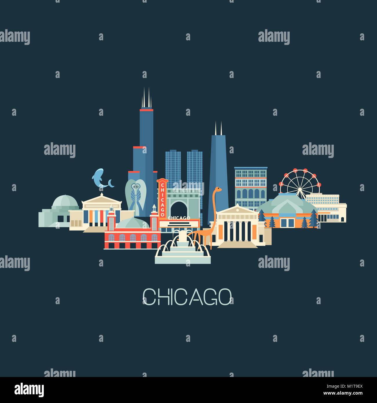 Chicago, Skyline, Monument, paysage urbain, célèbre, sites touristiques, visites, building, city, Michigan, USA, voyage, connu, symbole, l'Amérique, télévision, affiche, Illins Illustration de Vecteur