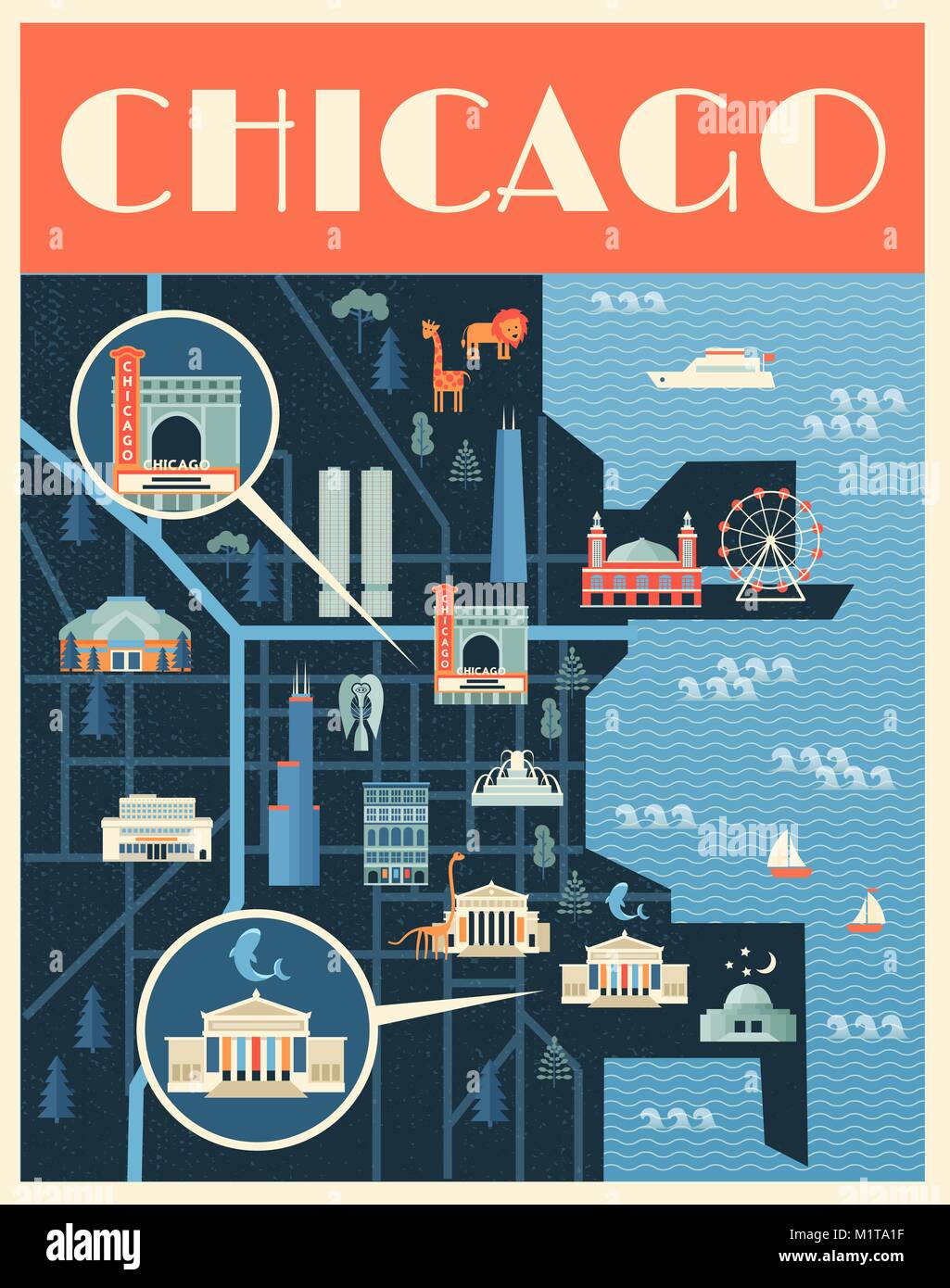 Vector illustration de l'affiche de la carte de repères de Chicago. Des lieux célèbres, des bâtiments historiques, les visites touristiques et musées connus. Style plat. Illustration de Vecteur