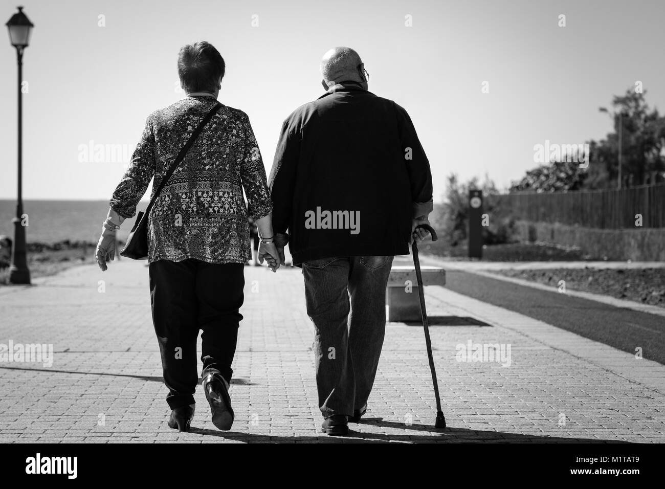 Vieux Couple marchant ensemble, heureux, par derrière, l'amour, le mariage Banque D'Images