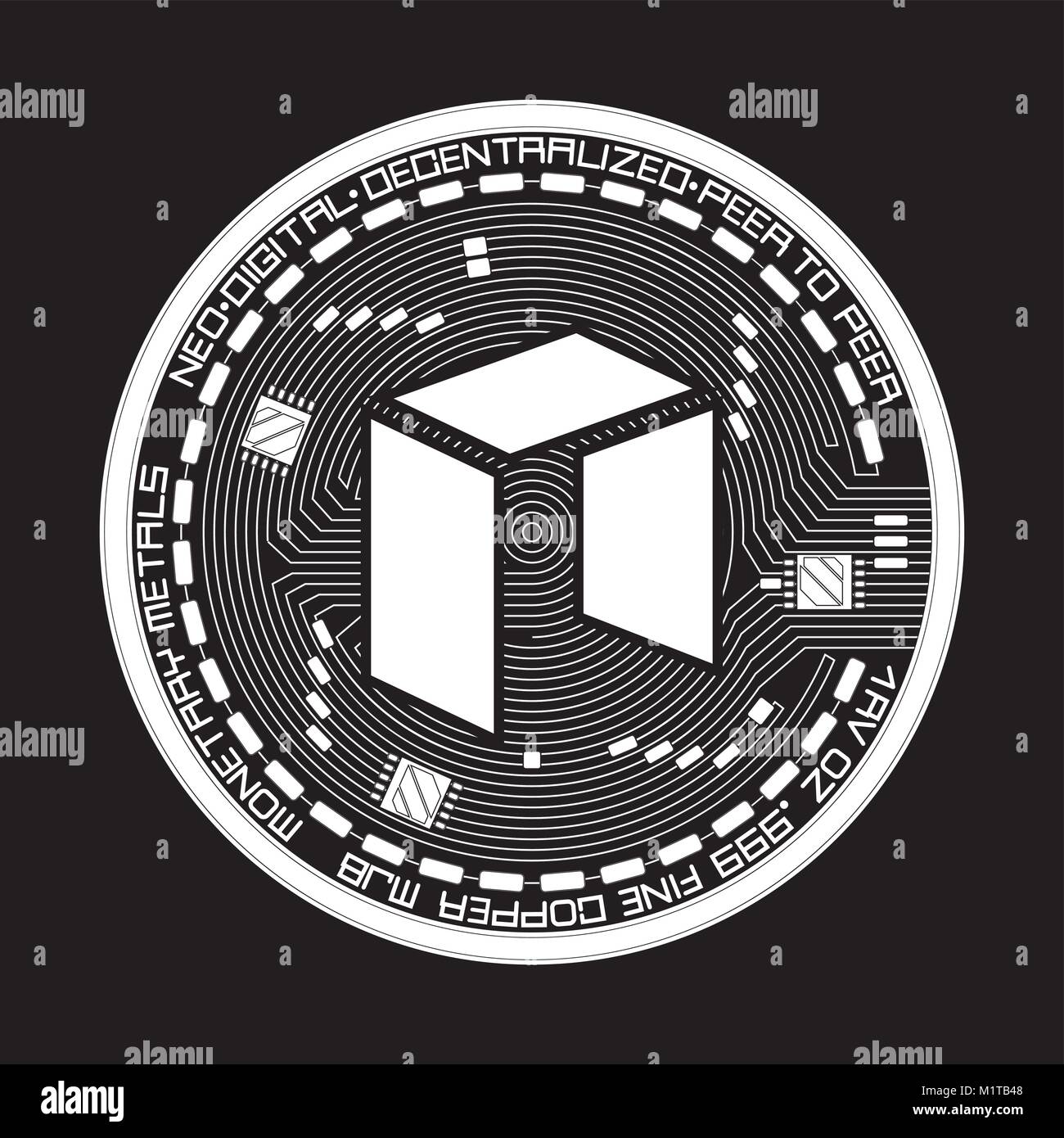 Monnaie pièce de Crypto blanc avec couteau noir neo symbole sur avers isolé sur fond noir. Vector illustration. Utiliser pour les logos, les produits d'impression, Illustration de Vecteur