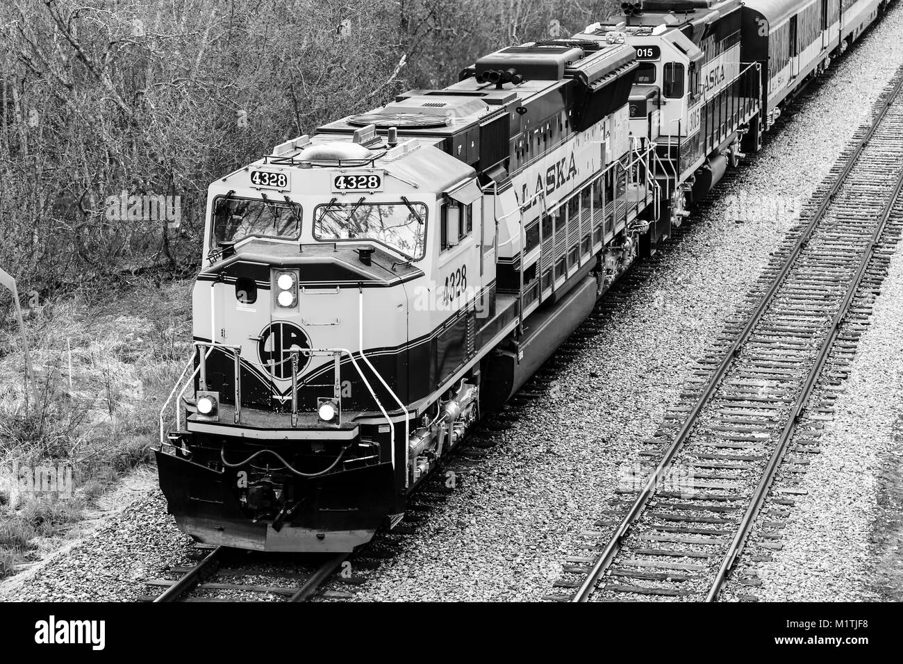 Girdwood, Alaska, USA - 17 mai 2017 : Un train près de Alaska Railroad sur le chemin d'Alyeska de mouillage à Seward. Banque D'Images