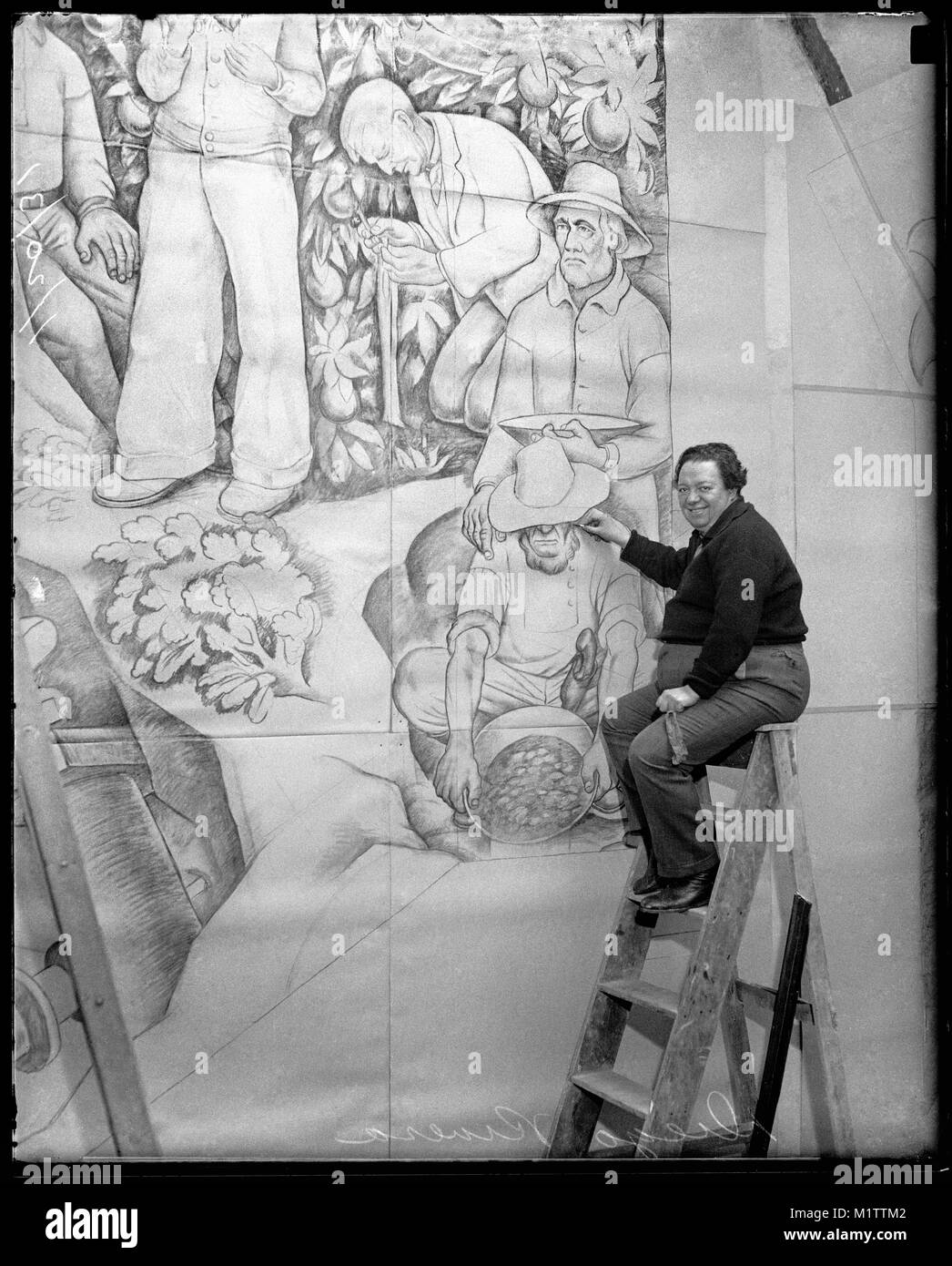 Artiste Diego Rivera à San Francisco sur la fresque de travail 'allégorie de la Californie' pour le Pacific Stock Exchange Club. Artwork terminé le 20 janvier 1931. Banque D'Images