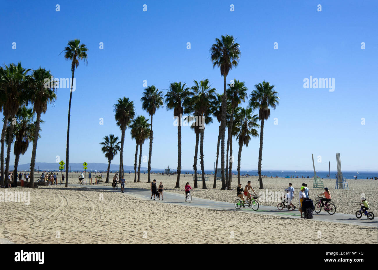Piste cyclable et de palmiers à la plage de Santa Monica à Los Angeles, CA Banque D'Images