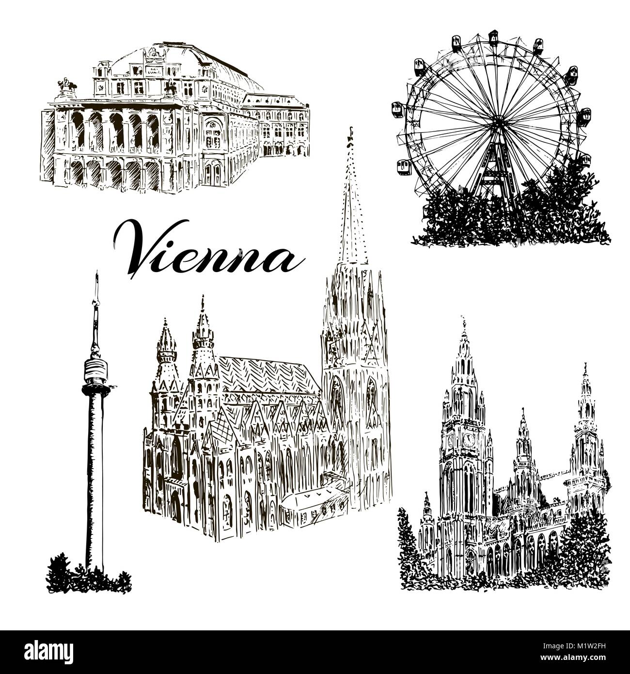 Ensemble de symboles Vienne Vector hand drawn illustration croquis stylo encre. Donauturm, Stephansdom, Rathaus, Prater Illustration de Vecteur