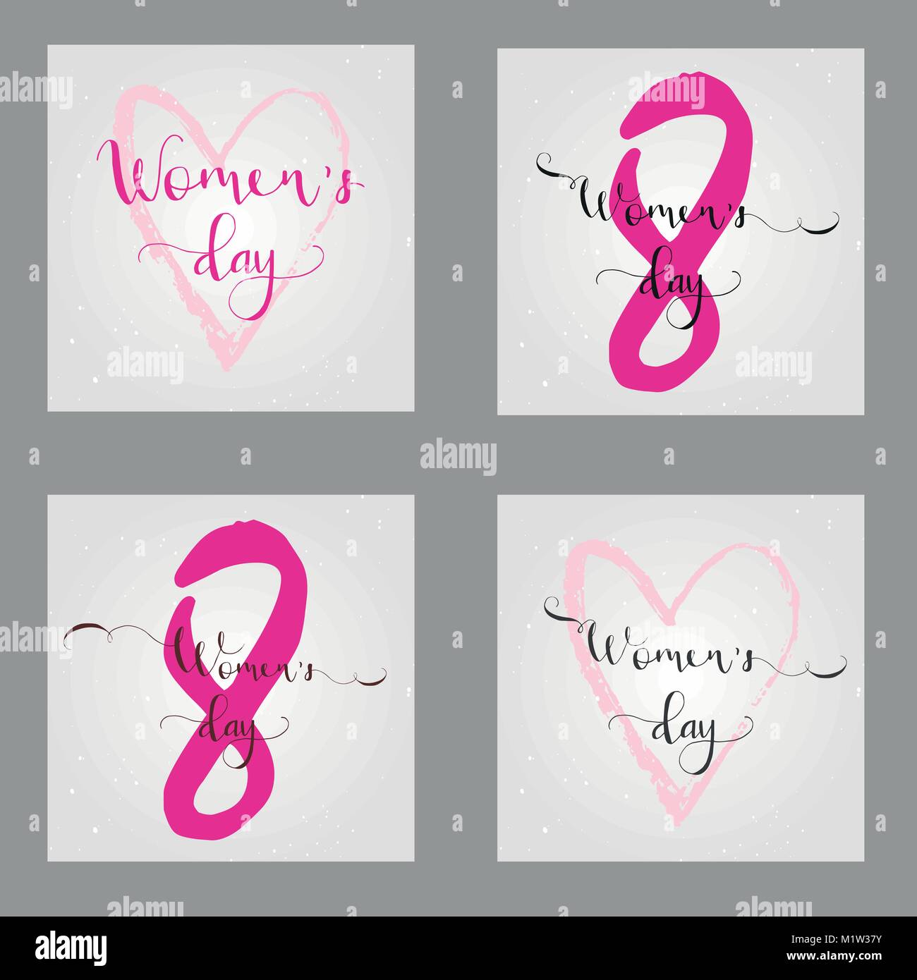 Collection de 4 cartes de souhaits - Happy International Women's Day. 8 mars vacances d'arrière-plan avec le lettrage. Design tendance modèle pour partie flyer ou Illustration de Vecteur