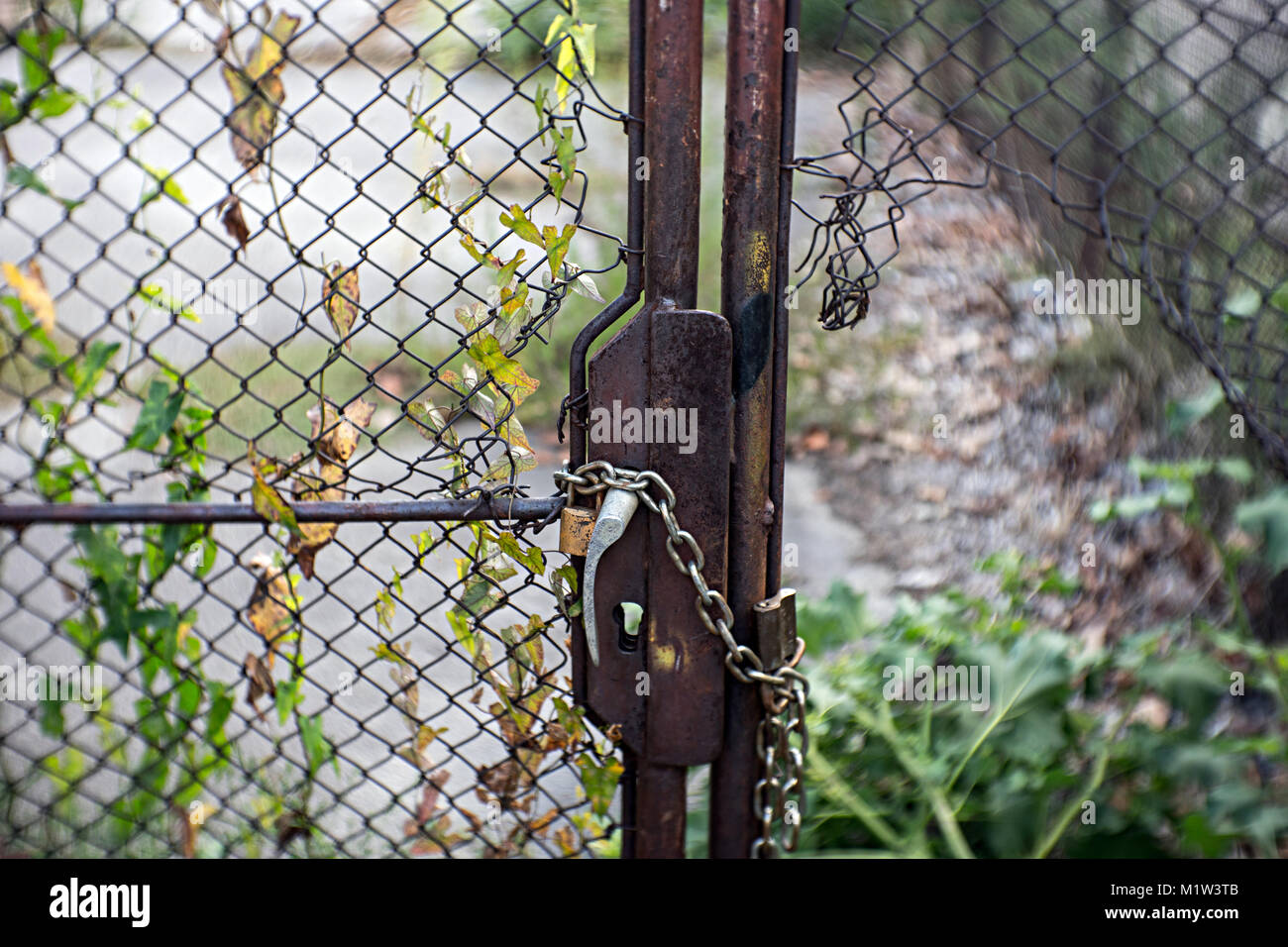 Rusty clôture verrouillée avec un cadenas et chaîne de protection d'une propriété abandonnée Banque D'Images