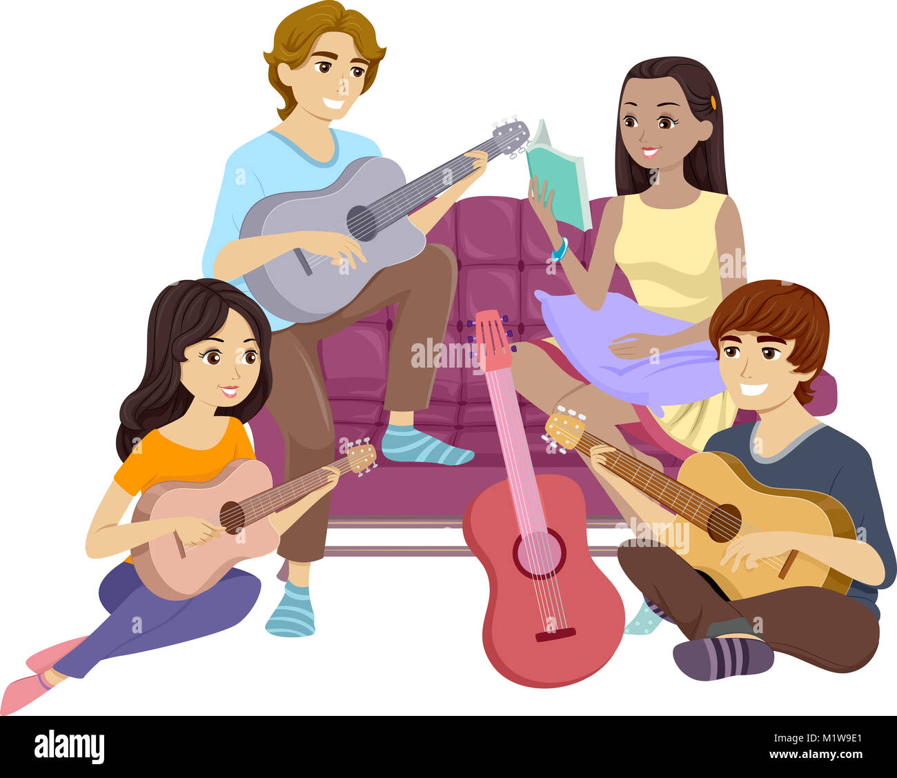 Illustration avec un groupe d'adolescents en chantant et jouant de la guitare ensemble Banque D'Images