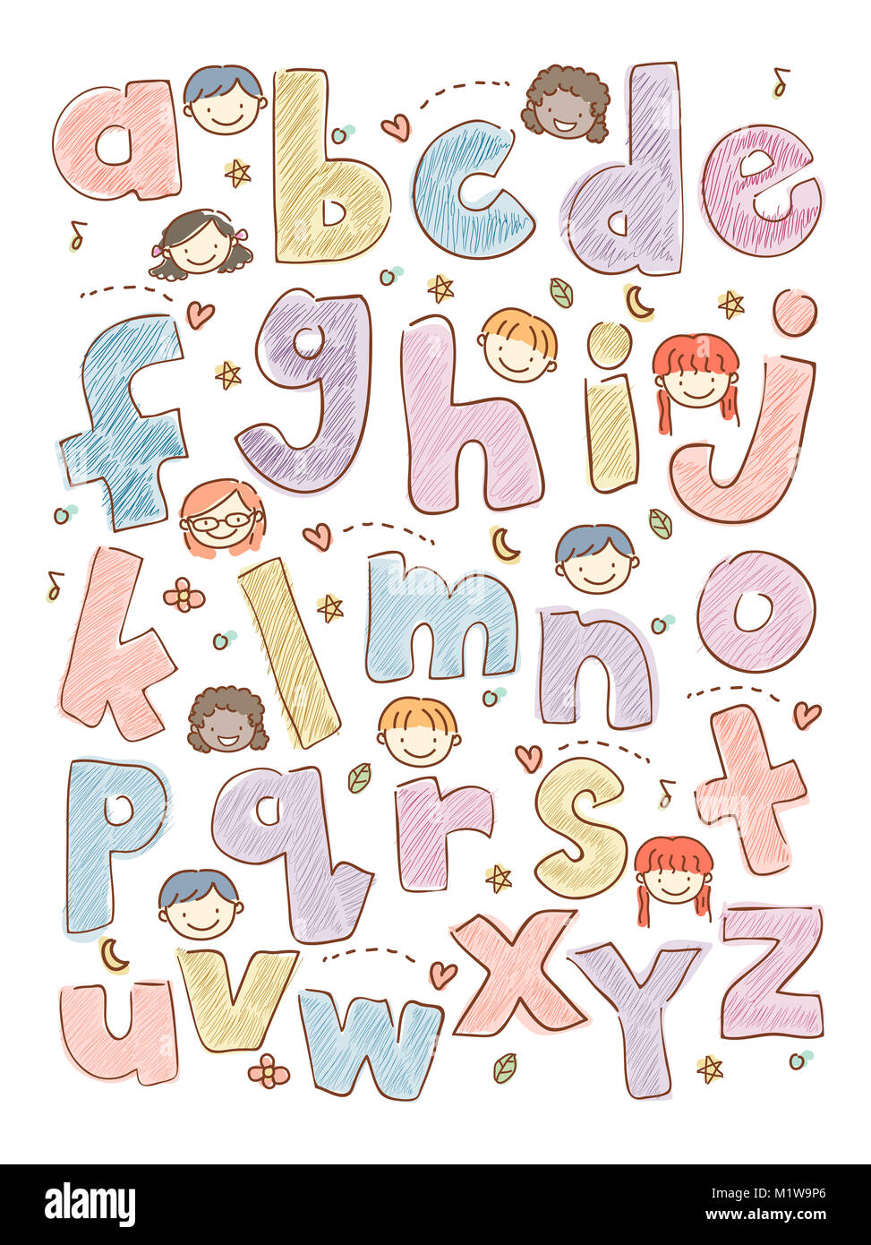 Illustration avec les enfants de l'école sommaire coincé entre les lettres de l'alphabet Banque D'Images