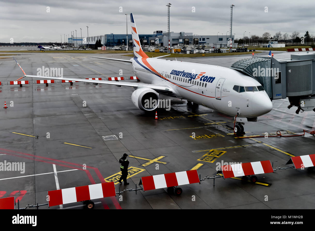 Prague, République tchèque. 1er février, 2018. Compagnie charter tchèque Travel Service opère des vols sous la marque SmartWings présente le Boeing 737 MAX 8 avion de ligne sous la marque SmartWings, à Prague, en République tchèque, le Jeudi, Février 1, 2018. Photo : CTK Vit Simanek/Photo/Alamy Live News Banque D'Images