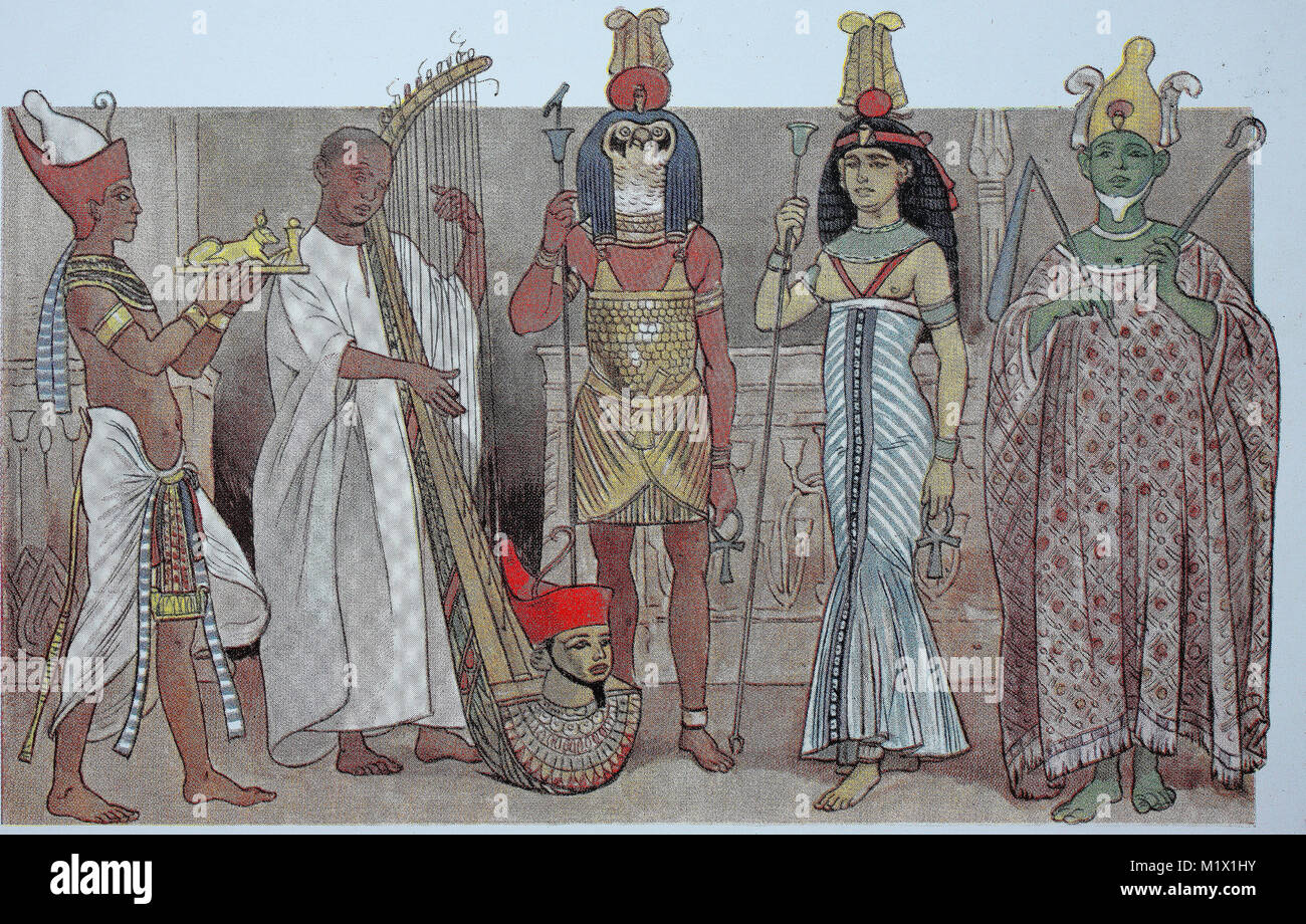 L'habillement dans l'ancienne Egypte, nouvel empire 1600-1100 BC, de gauche, king au sacrifice avec l'onguent d'or, prêtre aveugle avec harpe, le Mont dieu d'Hermonthis avec sparrow, tête coiffure de plumes, disque solaire et uraeus serpent, la reine en tant que déesse et le dieu Osiris en numérique, présentation humanisé l'amélioration de la reproduction de l'original d'imprimer à partir de la 19e siècle Banque D'Images