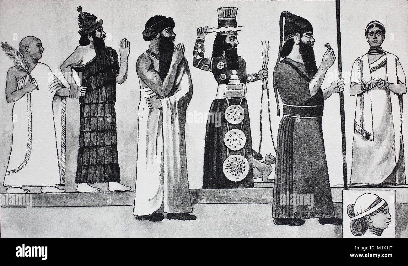 Vêtements - mode à Babylone et l'Assyrie, de gauche, ancien prêtre babylonien roi Gudea autour de 2250 avant J.-C., dans le manteau blanc tissé est dirigé par un dieu, ce dans le manteau de fourrure, puis le roi Hamurabi, autour de 2200 avant J.-C., dans le manteau de fourrure sumérienne et crimson hat, puis une idole de l'Assyrien Adad Dieu babylonien temps, Merodac Baladan, roi, puis de Babylone, 722-710 avant J.-C., puis une noble femme babylonien numérique, l'amélioration de la reproduction de l'original d'imprimer à partir de la 19e siècle Banque D'Images