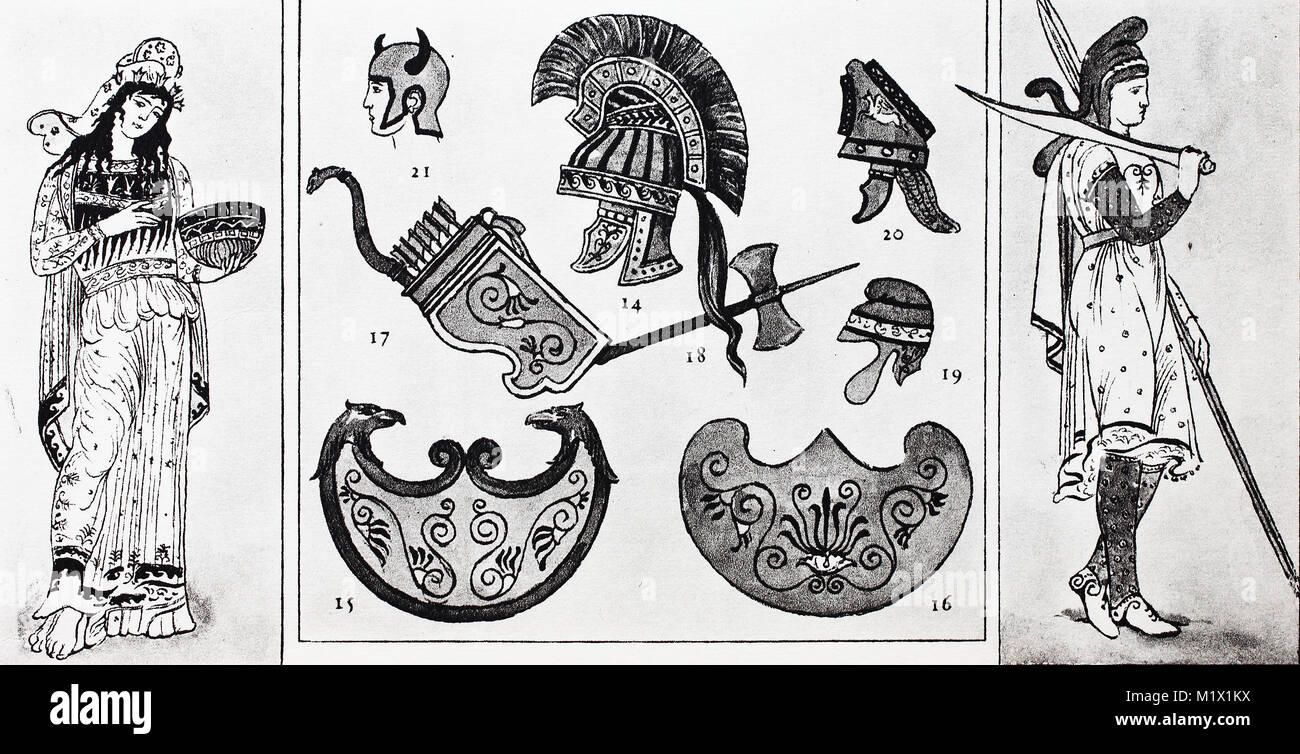 La mode des vêtements de la plus grande des Asiatiques, début de la culture grecque, 8e et 7e siècle avant J.-C., gauche, médias dans phrygisierender, costume coloré au milieu des petites armes asiatiques après vase grec peintures, droit est un tireur de la roi perse en costume phrygien, numérique l'amélioration de la reproduction de l'original d'imprimer à partir de la 19e siècle Banque D'Images