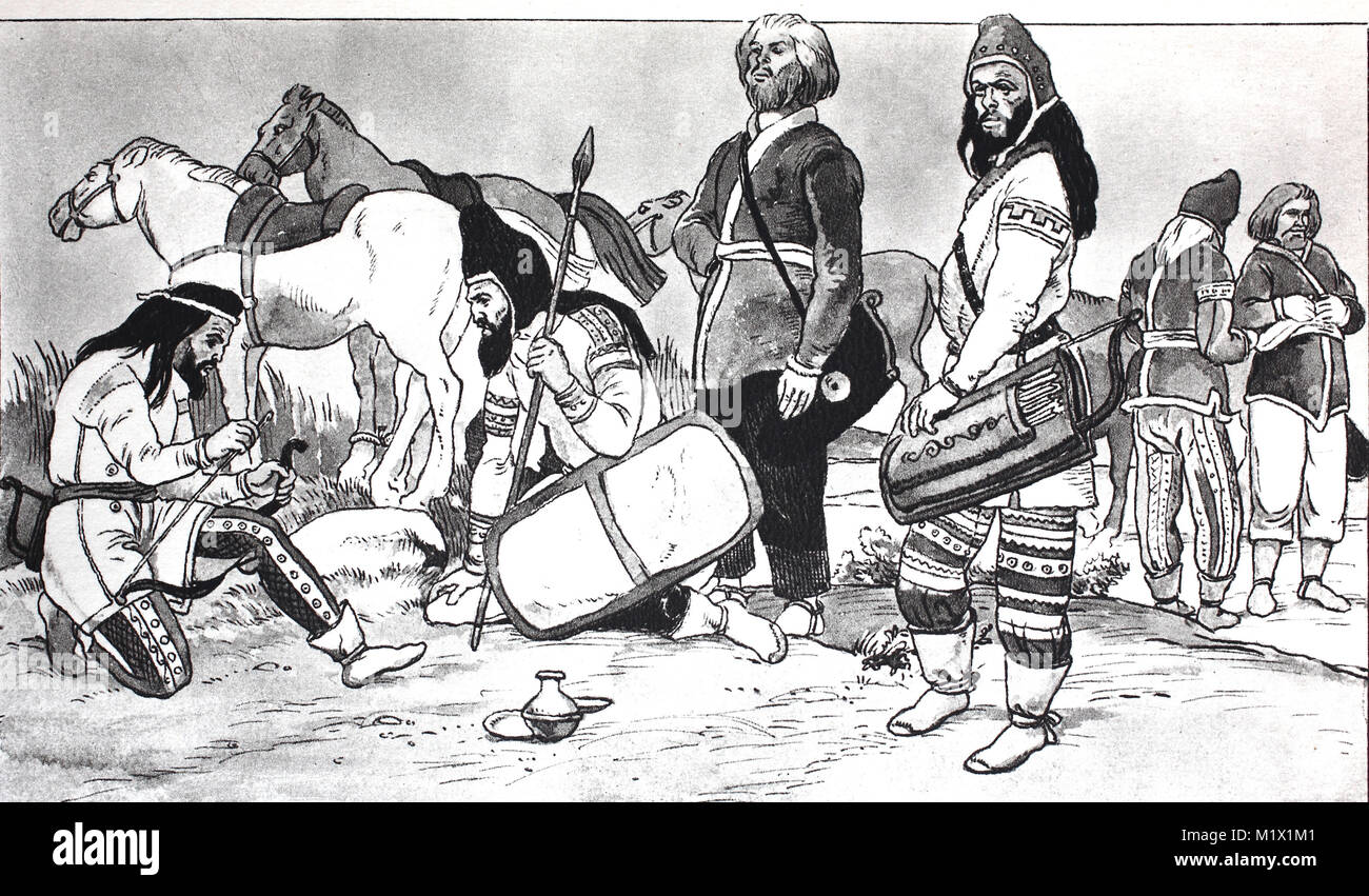 La mode vestimentaire des Scythes, début de la culture grecque, 8e et 7e siècle avant J.-C., à partir de la gauche, l'archer en leatherock avec bouchon conique, guerrier, archer avec sac-comme, de grands guerriers et frémit dans un costume semblable, l'amélioration numérique d'impression reproduction d'un original du 19ème siècle Banque D'Images