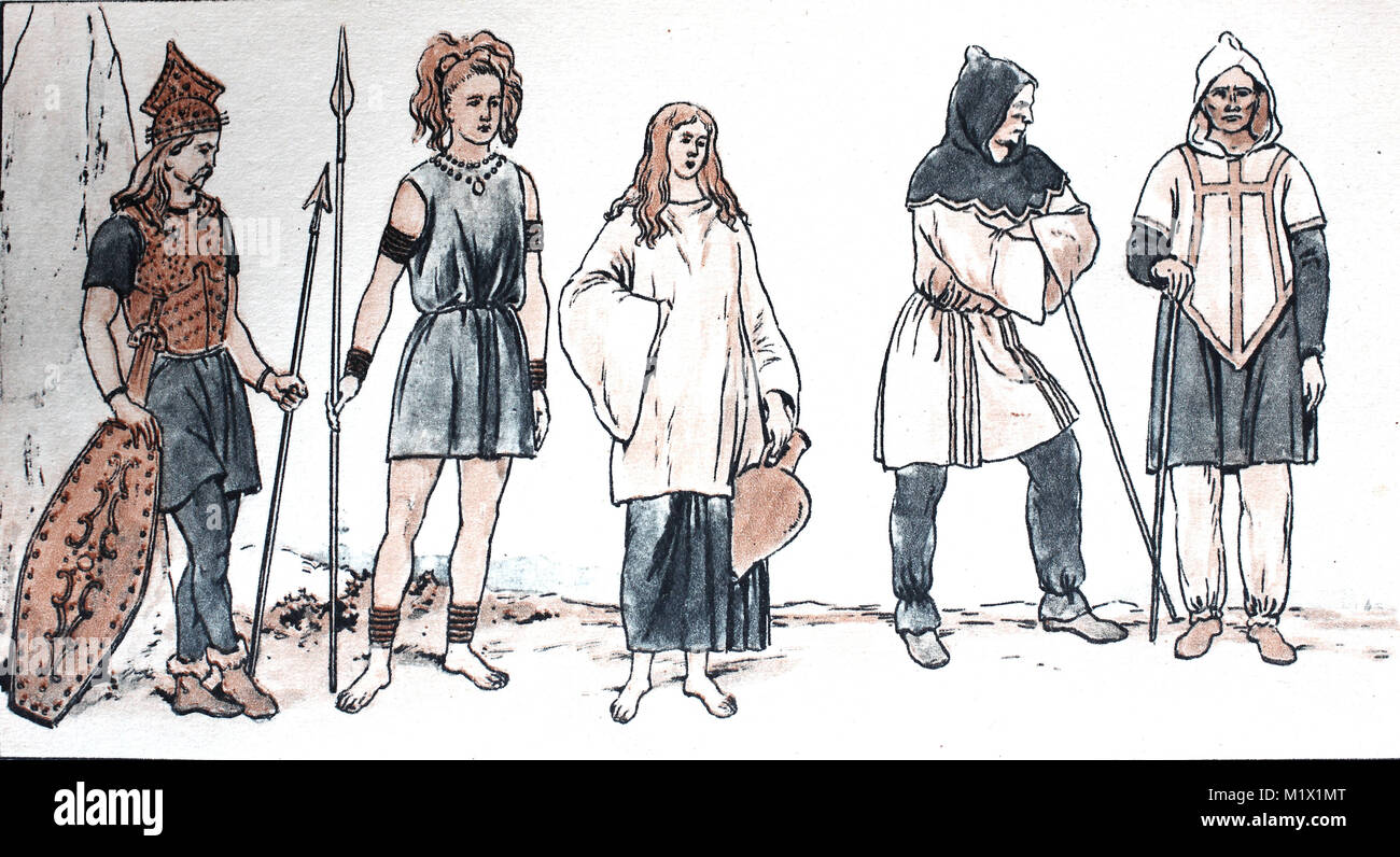 La Mode Vestimentaire Des Gaulois Les Deux Premiers De La Gauche Sont Des Guerriers Gaulois Puis Un Gaulois Fille Avec Un Chemisier Long Et Deux Autres Compatriotes Gaulois Avec Colliers A Capuchon